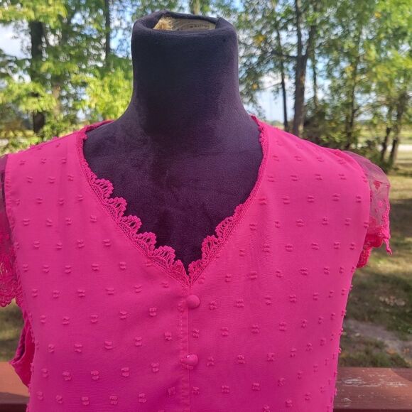 Women's Hot Pink Swiss Dot Lace V-Neck Short Sleeve Blouse Tops Size Large - Picture 3 of 15